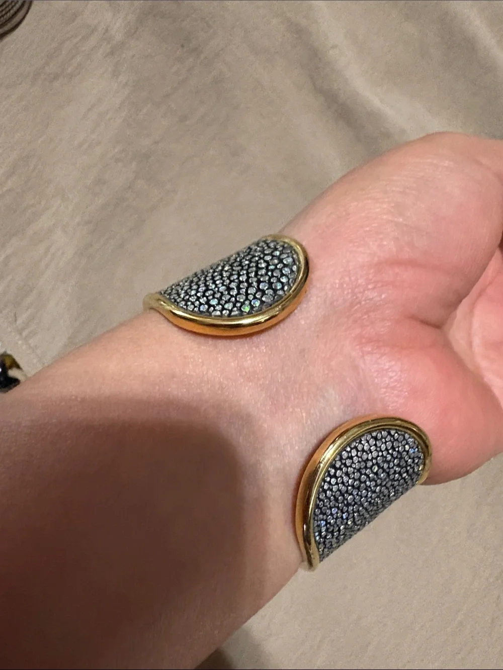 Rustic Cuff Gold-Tone  Cuff Bracelet - multicolor and Gold I” open.